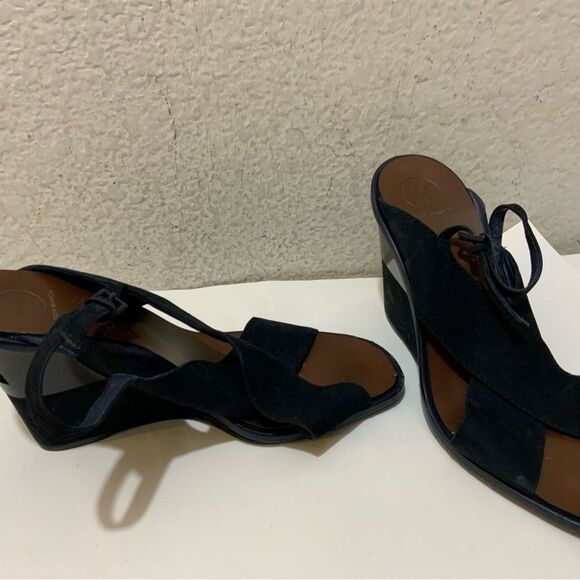 Tory Burch Navy Blue Suede Gabrielle Slingback Wedge Sandals Womens Size 8.5 M - Picture 4 of 16